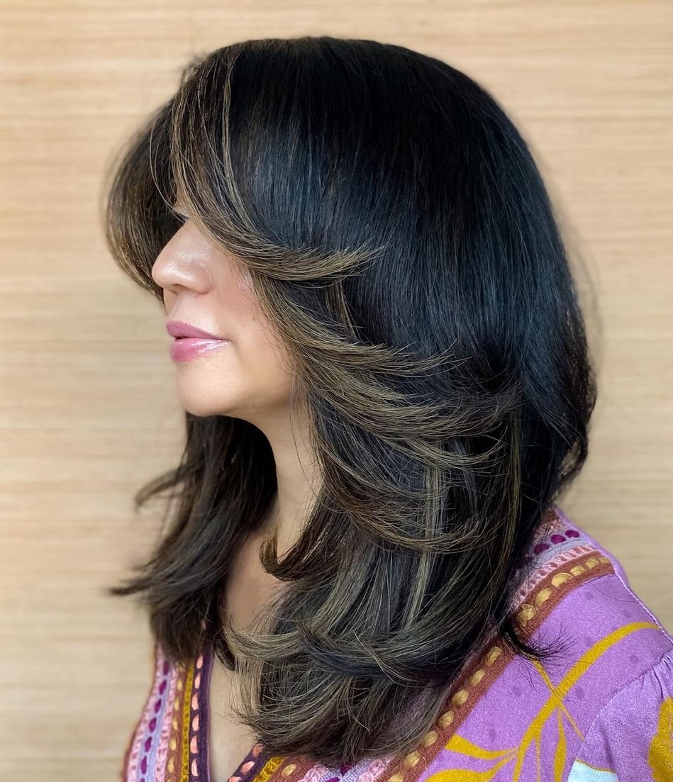 Black Hair with Ash Brown Face Framing Highlights